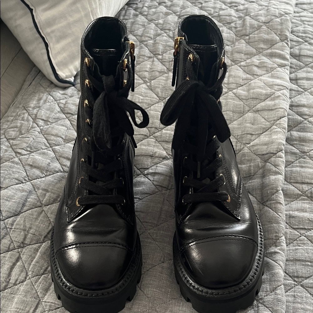 Kate Spade Black Leather Merritt Lug Sole Combat Boots 8 1/2